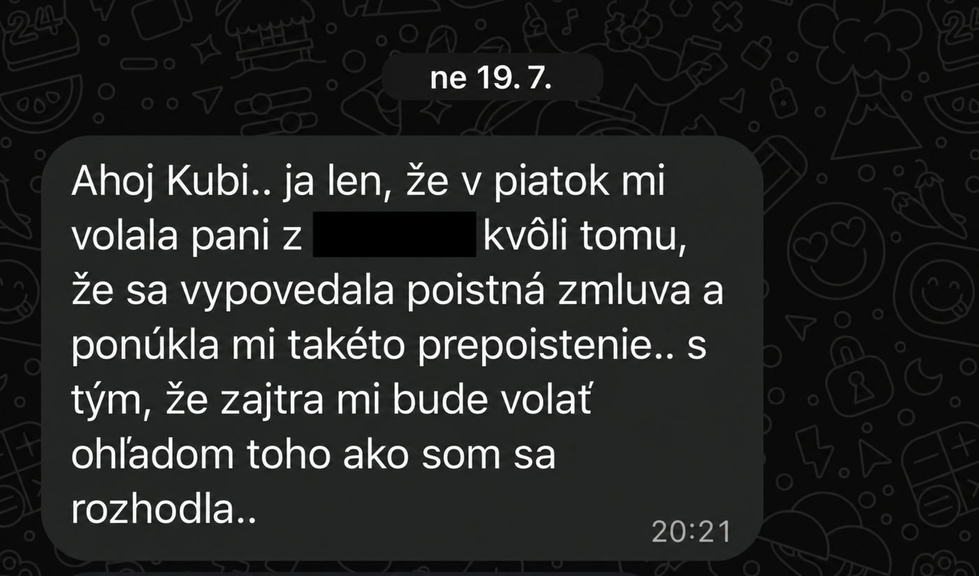 Screenshot správy klientky po telefonáte z pôvodnej poisťovne